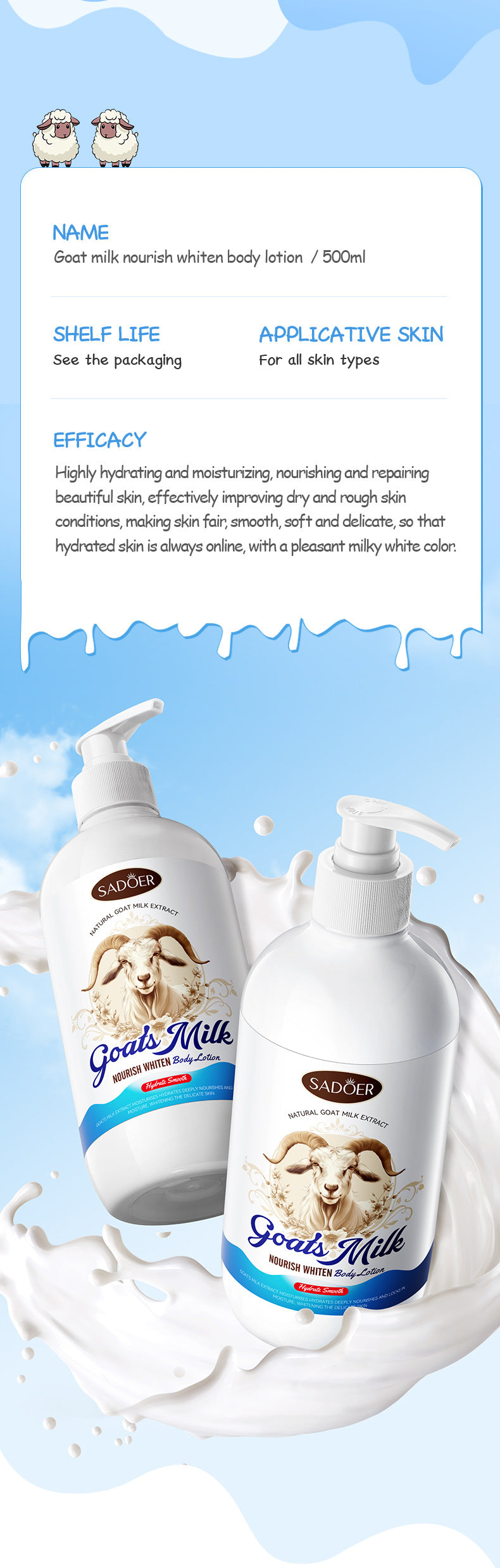 Goat Milk Whitening Body Lotion SADOER Nourishing, hydrating, moisturizing body lotion for foreign trade cross-border