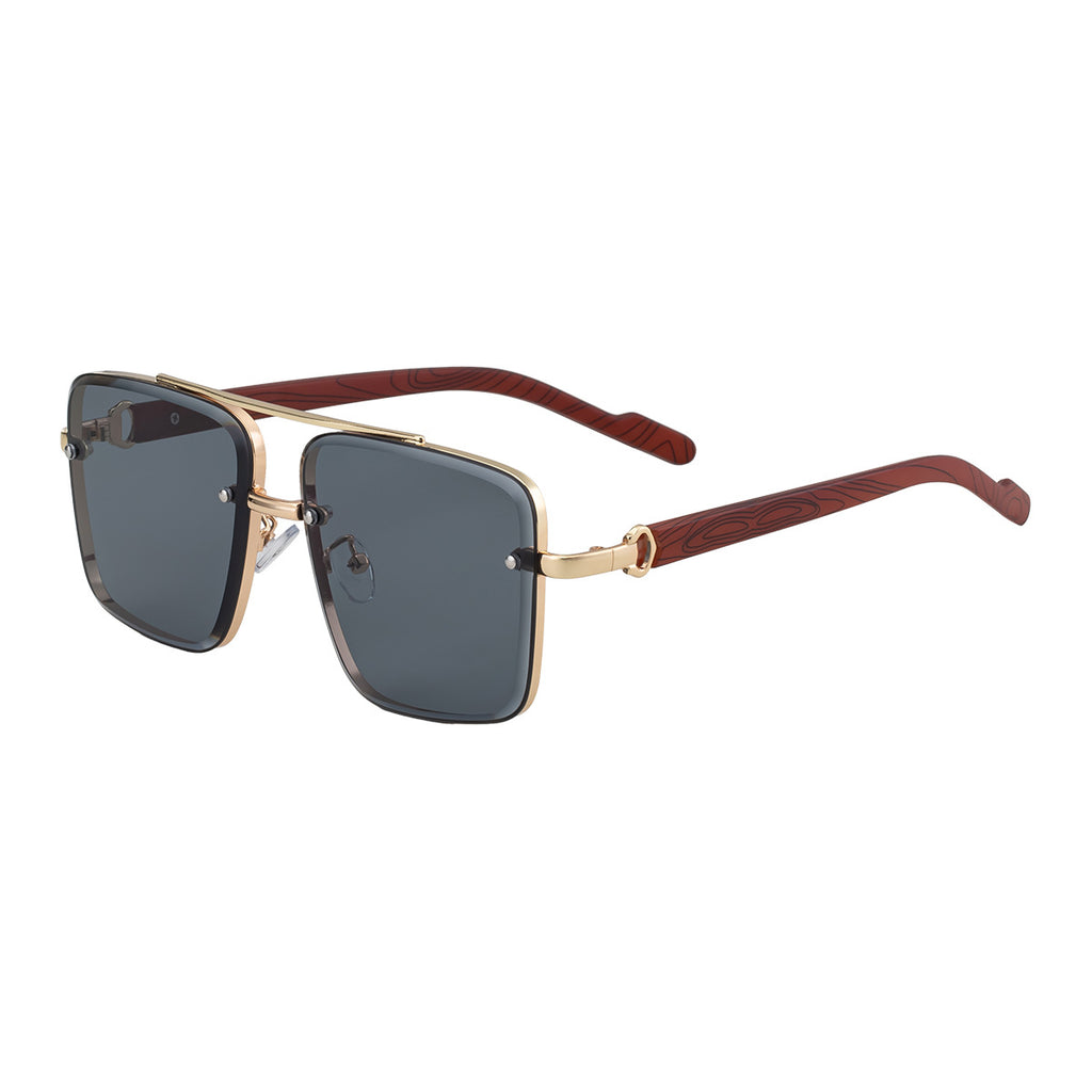 2025New European and American Fashion Square Frame Sunglasses for Men Retro Imitation Wood Grain Temple Double Bridge Sun Protection Sunglasses for Men