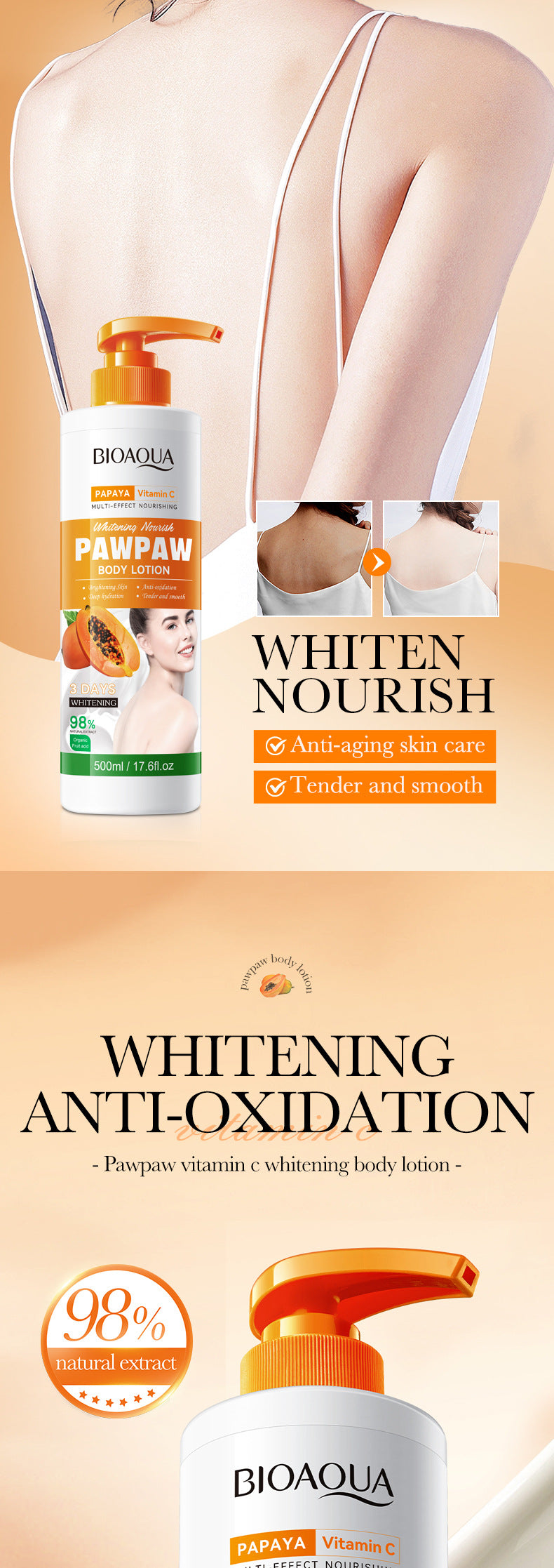 Papaya Vitamin C Whitening Body Lotion BIOAOUA Brightening Body Lotion Cross-Border Wholesale