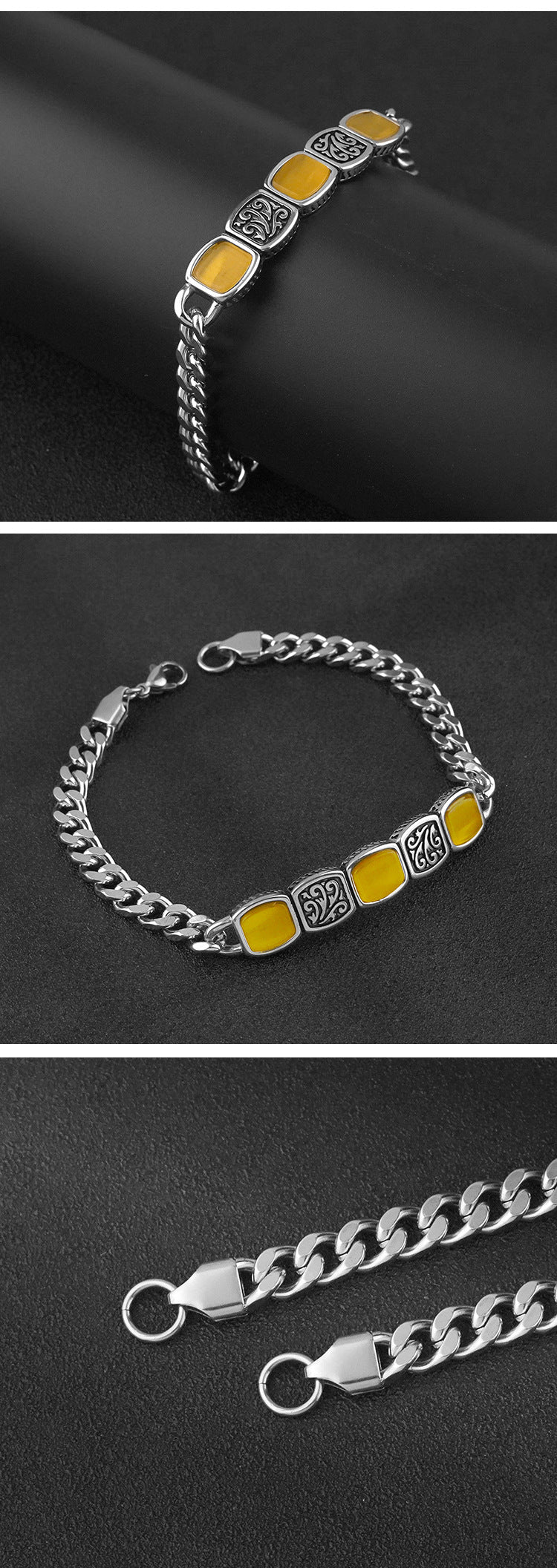 New Ethnic Style Stainless Steel Orange Gemstone Bracelet Vintage Versatile Unisex Titanium Steel Jewelry