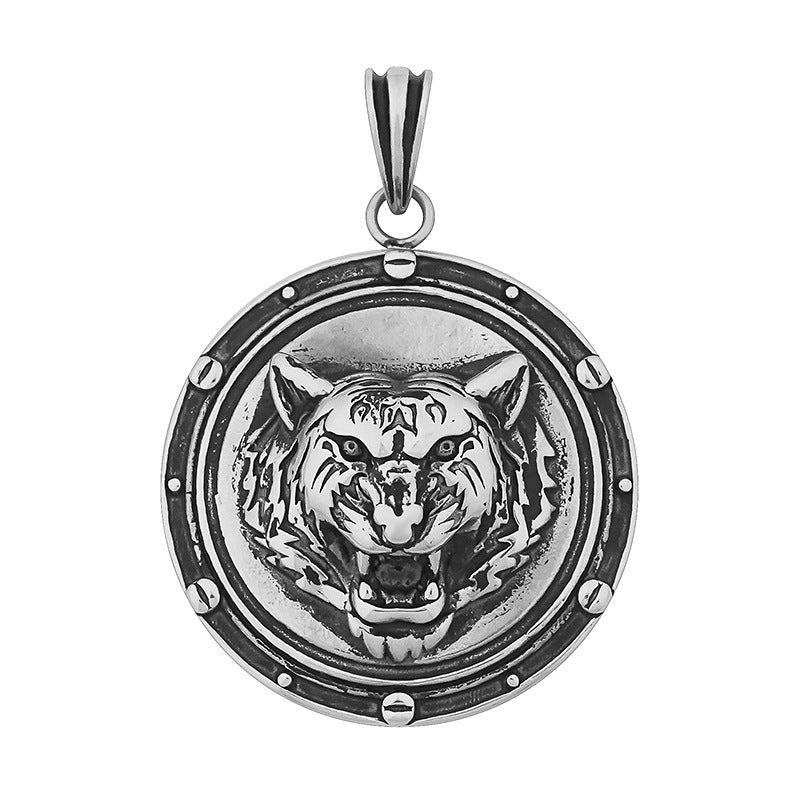 Domineering Personality Tiger Stainless Steel Pendant Titanium Steel Trendy Cool European and American Hip-Hop Animal Round Pendant Necklace Wholesale