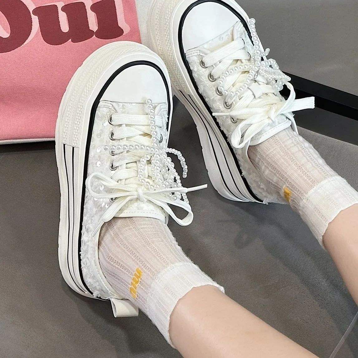 Women's Thick-Soled Canvas Shoes2025Summer New Sequin Pearl White Shoes Lightweight Versatile Height-Increasing Casual Sneakers