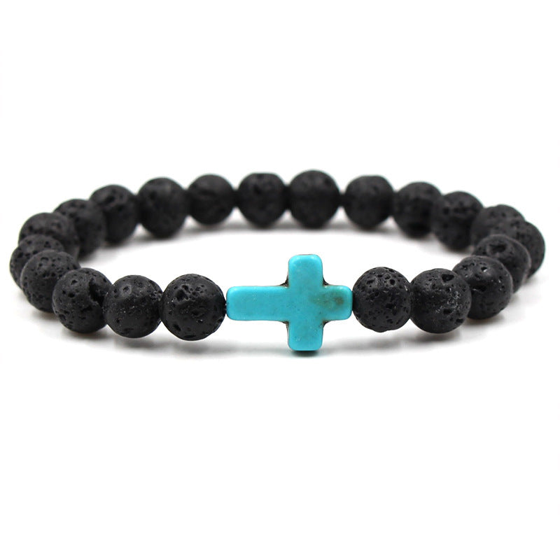 Easter Cross Bracelet Men's Personalized Gift Turquoise Bracelet8mm Beaded Volcanic Stone Cross Bracelet