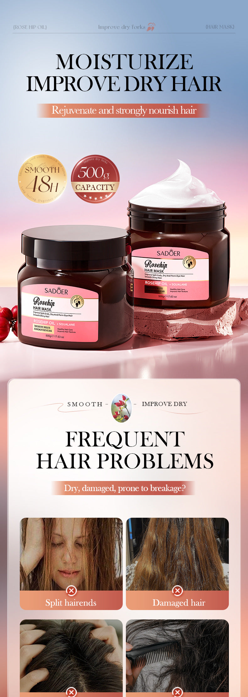 Cross-border Rosehip Oil Hair Mask500g Moisturizing and Smooth Hair Conditioner Export Manufacturer Wholesale