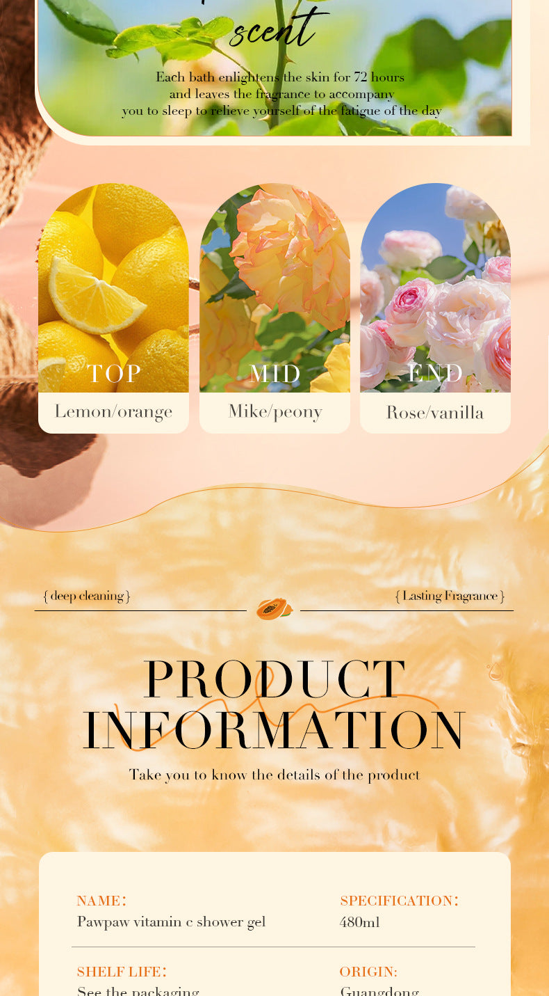 Papaya Body Wash480gBIOAOUA Vitamin C Cleansing and Moisturizing Body Wash Cross-Border Wholesale