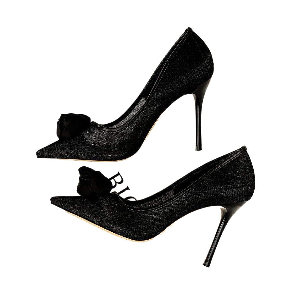 New Black Mesh High Heels Transparent Pure Desire Sexy Women Thin Heels Niche Hollow Pointed Flower Girl