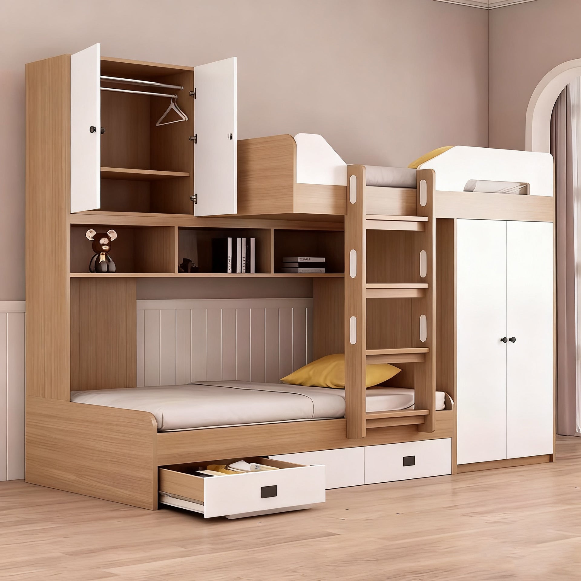Customizable Whole House Bed with Offset Design, Double Layer Bed with Wardrobe, Small Apartment High and Low Bed, Children's Bed, Parent-Child Bed, Direct from Factory