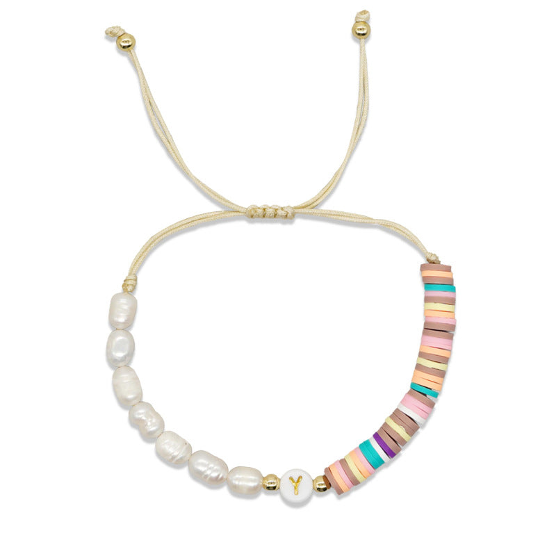 Imitation pearl26Letter Bracelet Bohemian Casual Vacation Bracelet Gold Beads Stretchable Soft Clay Woven Bracelet