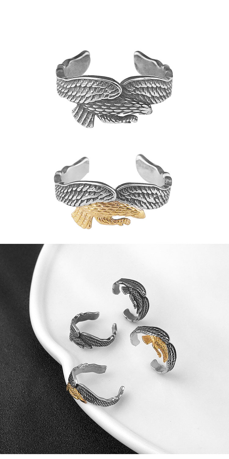 European and American Retro Electroplated gold Stainless Steel Eagle Ring Fashionable Personality Titanium Steel Open Ring