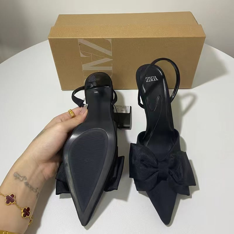Summer New Style Socialite Black Bow Decorated Stiletto High Heels Pointed Toe Backless Single Shoes Party French Sandals ZA
