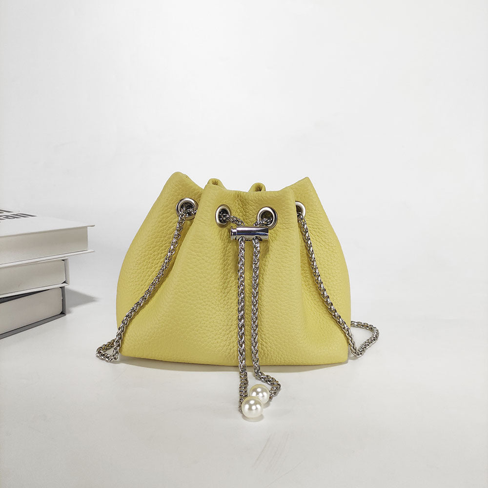 Niche Genuine Leather Bucket Bag for Women2024New Mini Small Bag Top Layer Cowhide Autumn Chain Shoulder Crossbody Bag