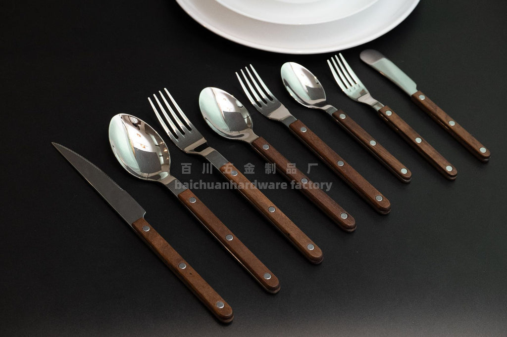 French Style Solid Wood Walnut Handle Western Cutlery Stainless Steel Knife Fork Spoon Wholesale Household Kitchen Western Restaurant