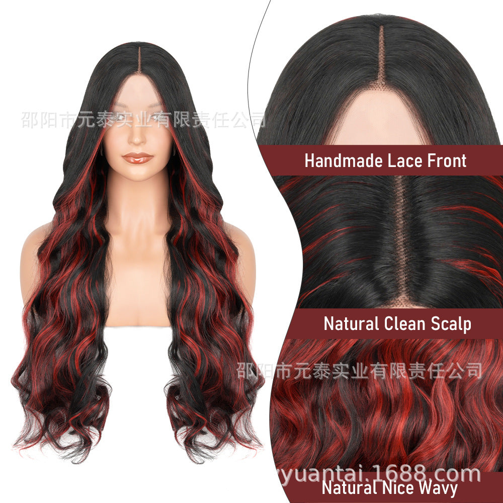 Wig for Women, Front Lace, Wavy Long Curly Hair, Red and Black Gradient Color, High-Temperature Fiber, Synthetic Hair Wig, European and American Cross-Border