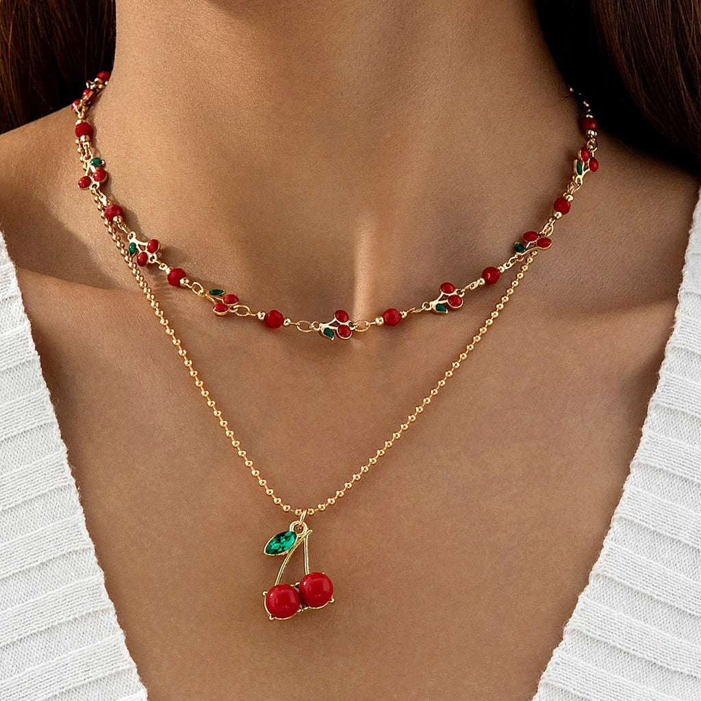 European and American Style Jewelry Light Luxury Imitation Pearl Cherry Necklace High-End Versatile Grass Multi-Layer Stacking Necklace Wholesale