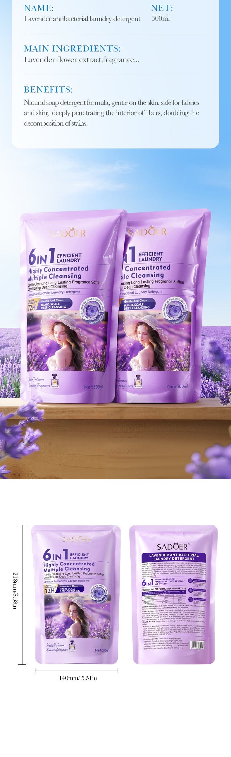 Cross-border Lavender Antibacterial Laundry Detergent500ml Fragrance Cleaning Clean Clothing Export Manufacturer Wholesale