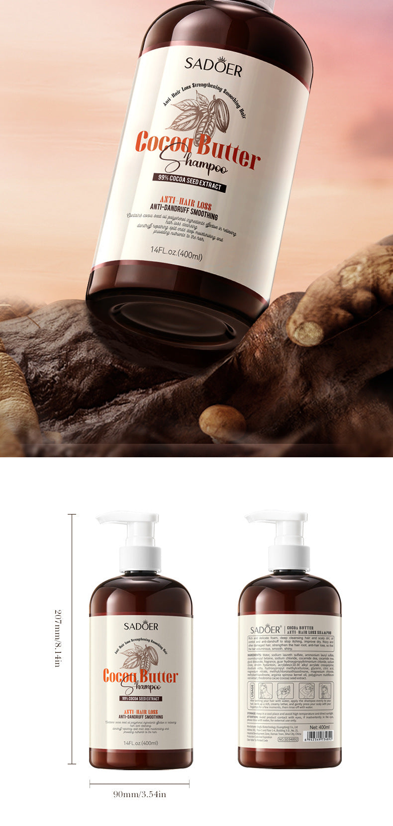 Full English Cocoa Oil Anti-Hair Loss Shampoo SADOER Clean and Smooth Shampoo  Wholesale