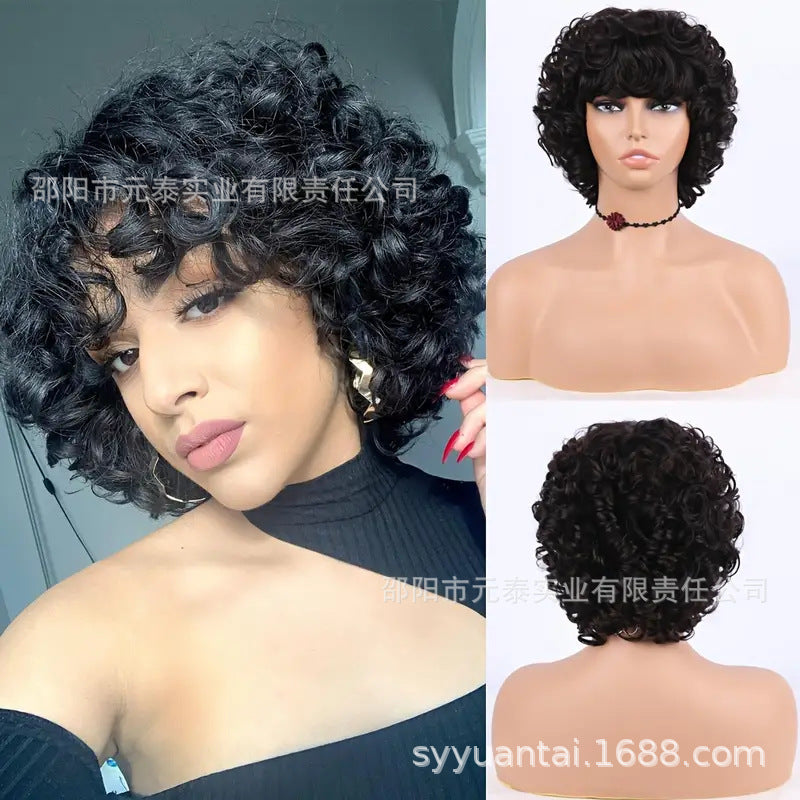 Bouncy Curly Human Hair Wig With Bangs Curly Synthetic Wigs