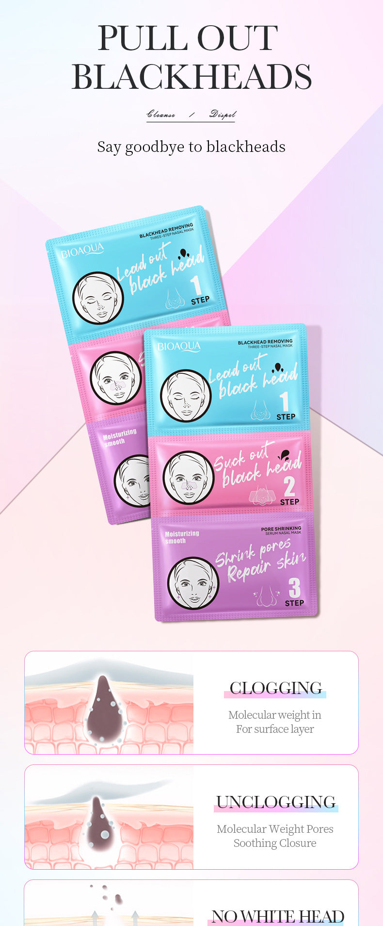 Three-Step Blackhead Removal Nose Strips BIOAOUA Clean Pores T District Nursing Set Cross-Border Wholesale