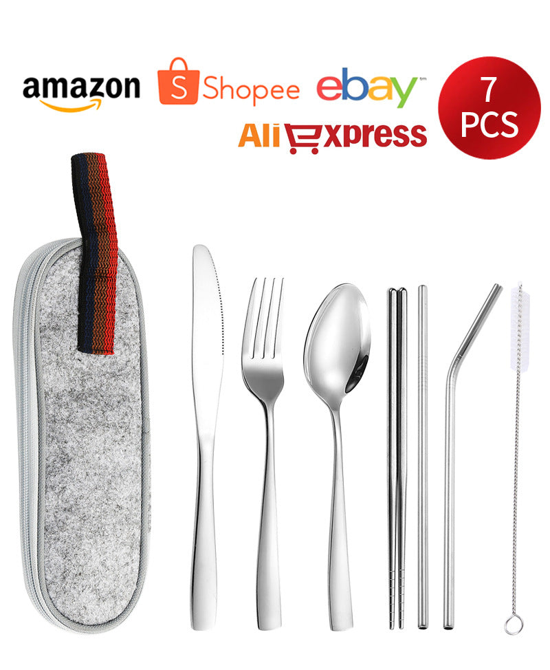 410Stainless Steel Portable Outdoor Camping Tableware Set304Stainless Steel Straw Knife Fork Spoon Chopsticks Seven-Piece Set