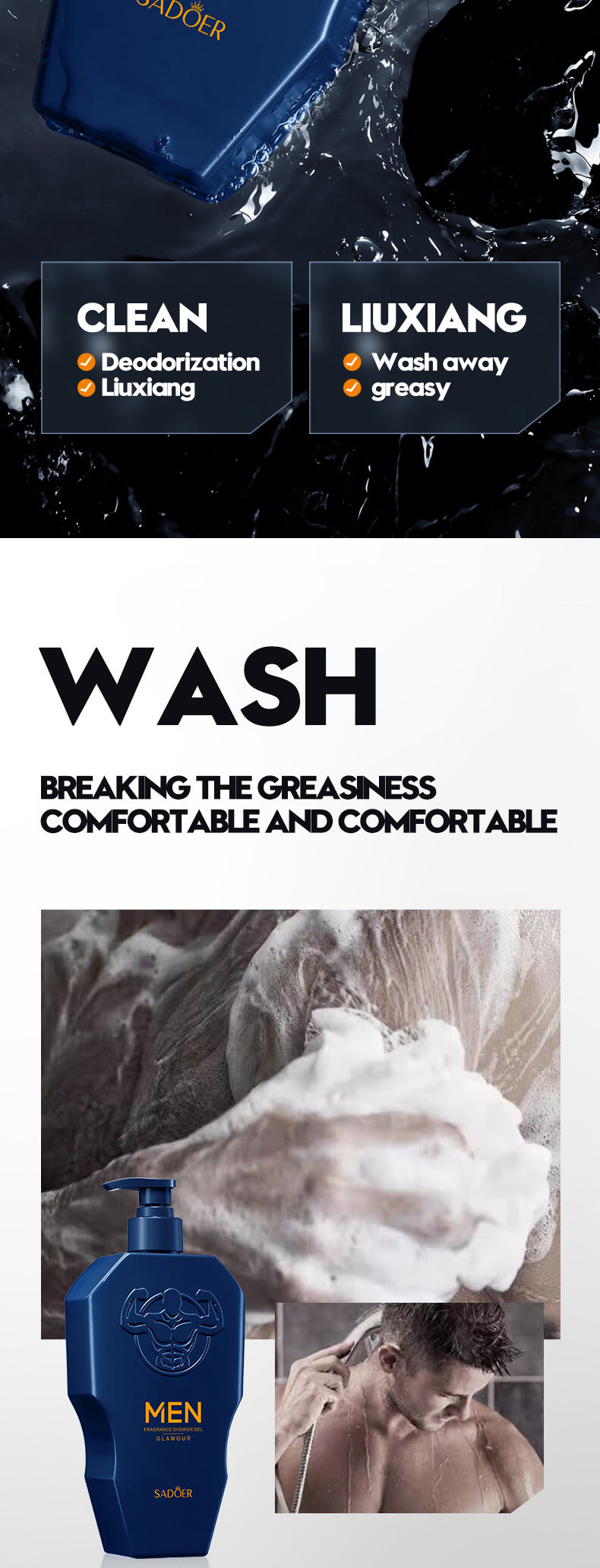 Men's Body Wash SADOER Thick Foam Cleansing Body Fragrance Shower Gel Cross-Border Wholesale