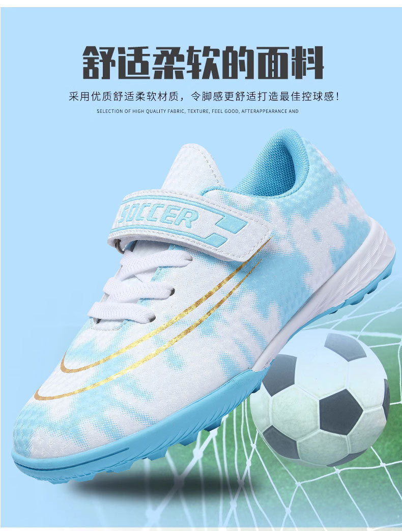 New Football Shoes for Men and Women, Children's Low-top Anti-collision Spike Magic Tape No-tie Grass Training Sports Shoes