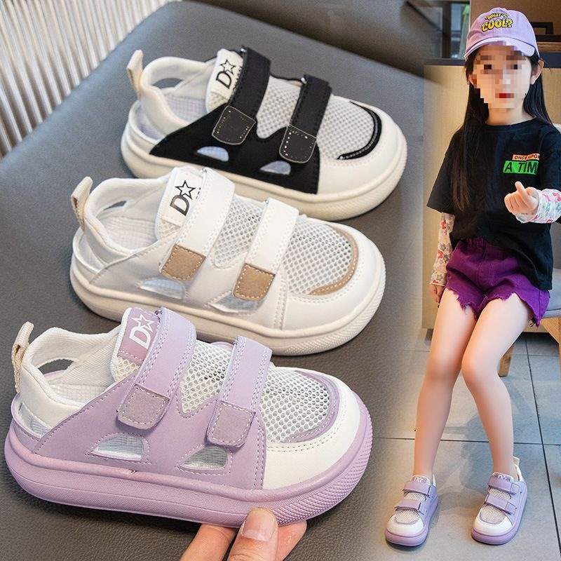 Girls Sports Closed-Toe Sandals Summer Style2025Summer New Children's Hollow Breathable Single Mesh Shoes Girls' White Shoes