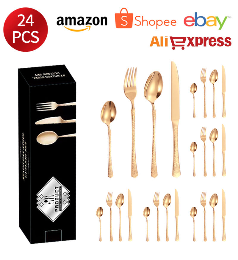 Stainless Steel Tableware Hotel Restaurant Crown Hammered Knife Fork Spoon24Set of Western Steak Knives and Forks