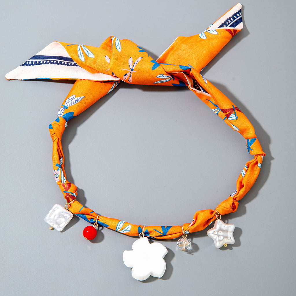 European and American Style Long Silk Scarf Necklace, Light Luxury High-End Feel, Multiple Pendants, Pearl Colorful Silk Scarf Necklace