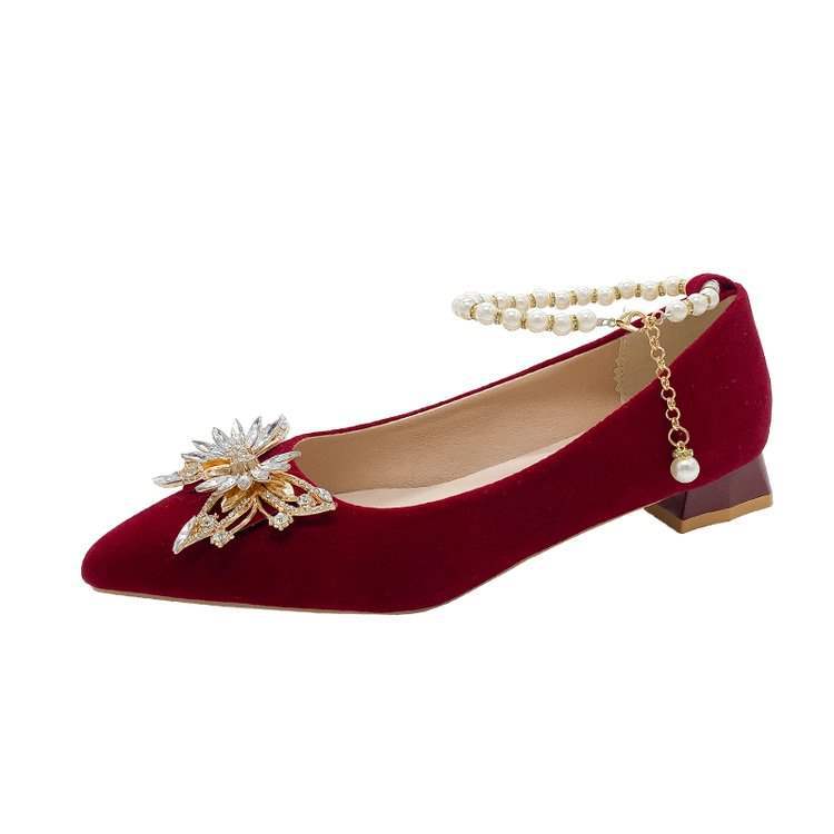 Pointed Elegant Burgundy High Heels2025New Year's New Socialite Bowknot Comfortable Bride Shoes Two-Way Wedding Shoes