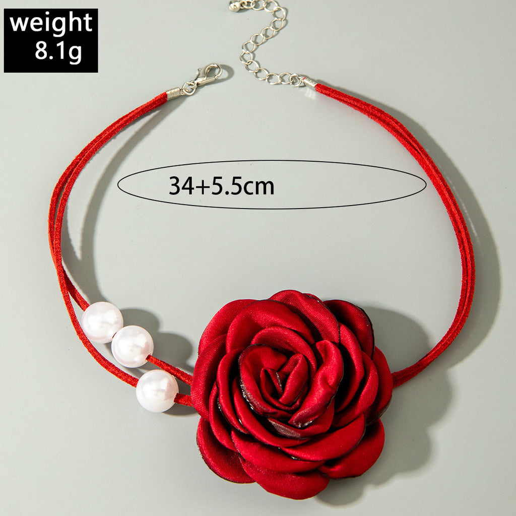 European and American Style Jewelry High-End Rose Camellia Burnt Edge Necklace Fashionable Simple Pearl Pendant Necklace Wholesale