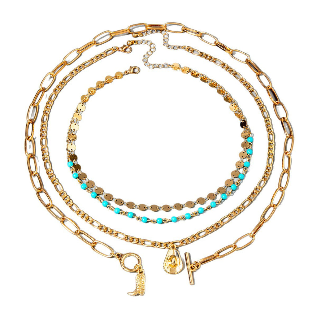 Bohemian Western Cowboy Boots Pendant Turquoise Necklace Layered Tassel Accessories Y Type Necklace
