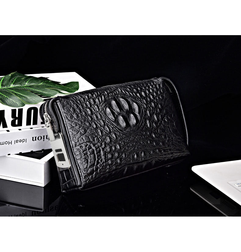 Fingerprint Lock Bag Business Commuting Men's Handbag Top Layer Cowhide Crocodile Large Capacity Multi-Card Slots Clutch
