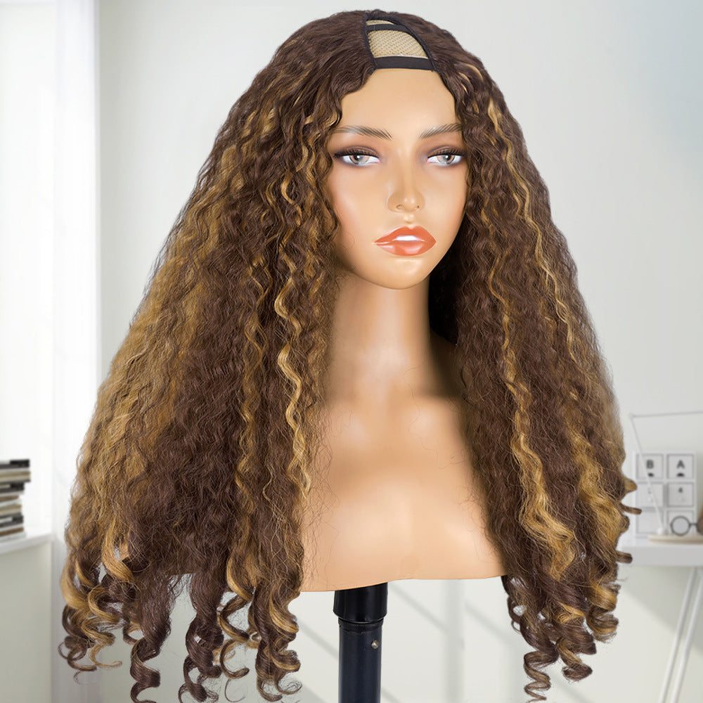 Africa YAKI Straight Hair with Curly Ends Synthetic Wig V High-Temperature Fiber Wig with Hollow Top