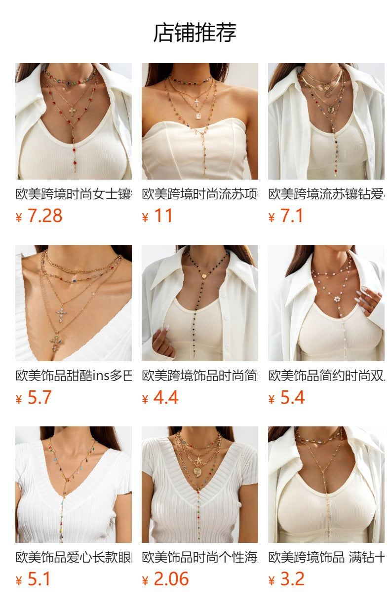 European and American Jewelry Retro Light Luxury High-end Cross Necklace Fashionable Tassel Multi-layer Stacking Wear Y Type Necklace