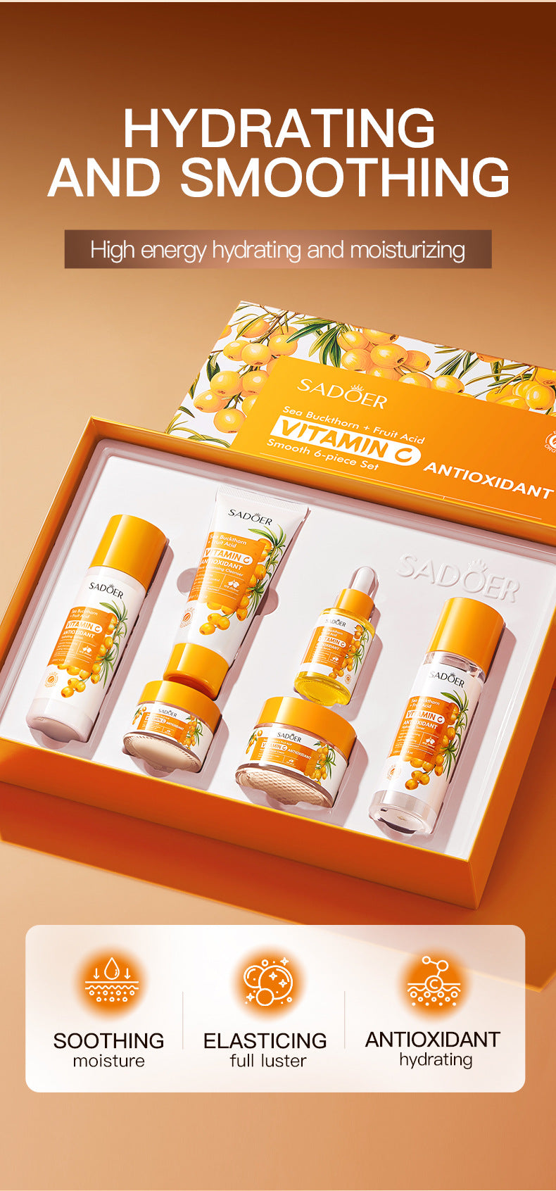 Cross-border Sea Buckthorn Vitamin C Antioxidant six-piece set Hydrating Moisturizing Set Box Wholesale from Foreign Trade Manufacturer