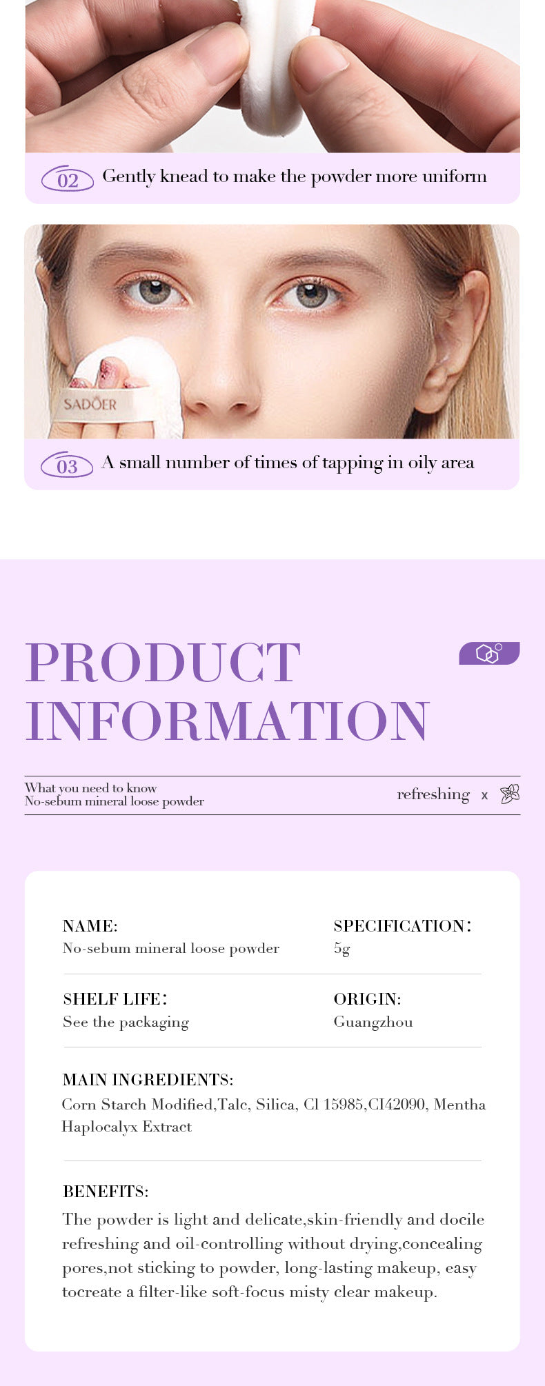 Full English Makeup SADOER Mineral Loose Powder Refreshing Lightweight Setting Concealer Powder  Wholesale