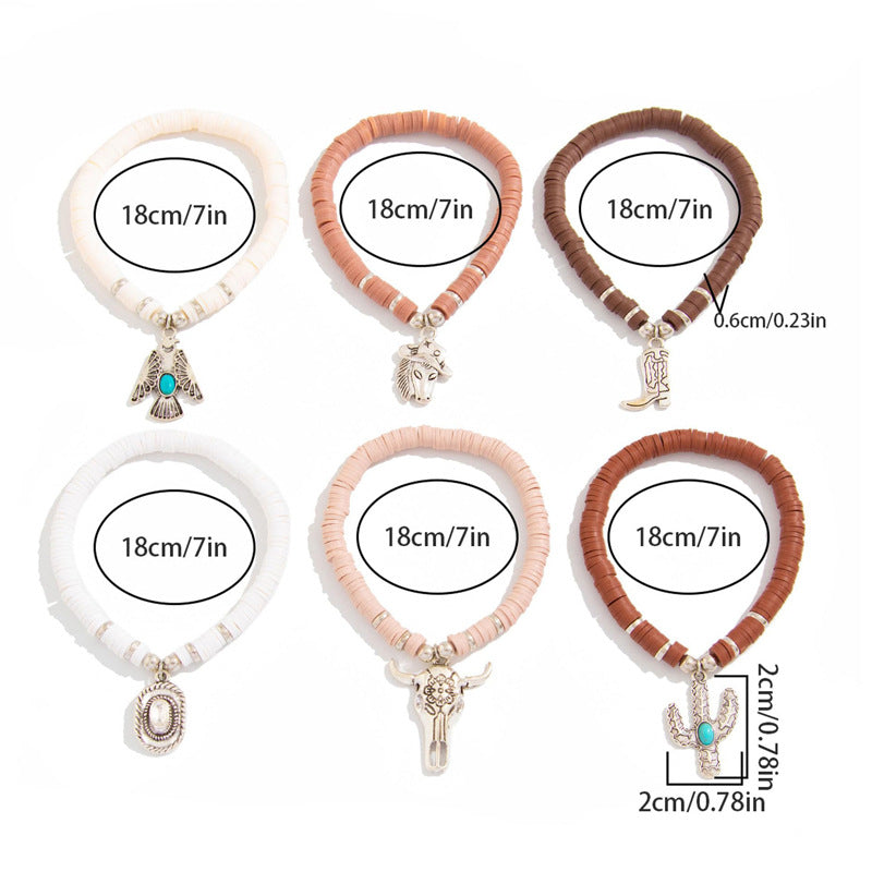 Vintage Multi-layer Soft Clay Bracelet European and American Cowboy Hat Bohemian Layered Bracelet Cow Head Cactus Turquoise Bracelet