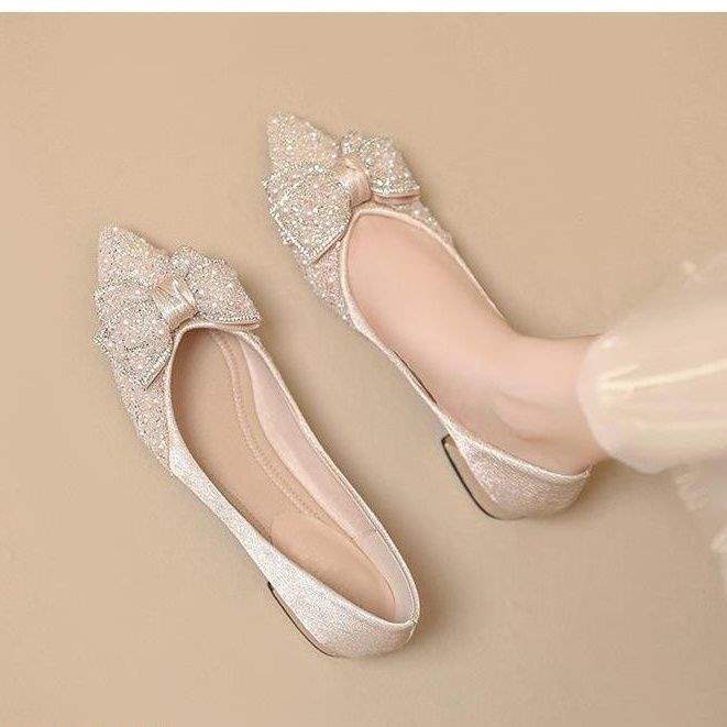 French high heels thick heel bowknot single shoes for women in summer2025New style rhinestone shiny women's shoes, two-way wear