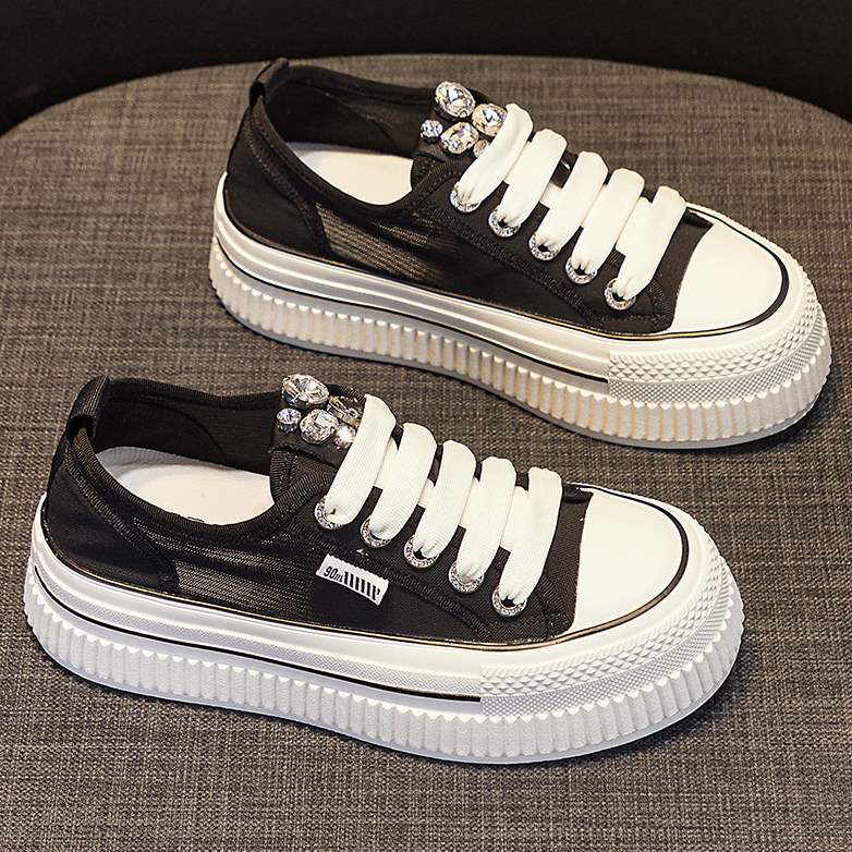 Korean style mesh breathable thick-soled white sneakers for women2025Summer new thin versatile rhinestone sports casual sneakers