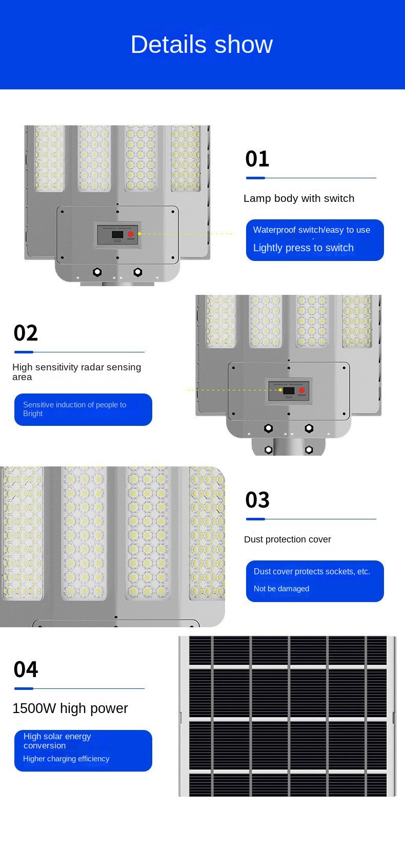 Solar Street Light 1000W 2000W 3000W Intelligent Human Body Sensor Garden Courtyard Integrated Solar Lamp