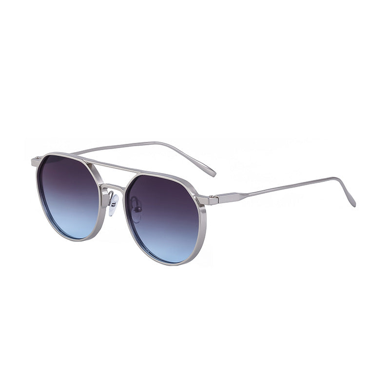 New Retro Oval Frame Glasses Metal Double Bridge Pilot Sunglasses Men's High-end Driving Sun Protection Sunglasses