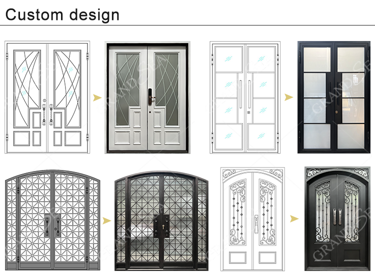Modern House Exterior Door Double Tempered Glass Door Entry Wrought Iron Door Design