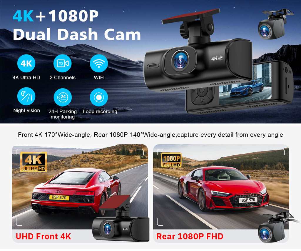 V27Hd4K Driving Recorder WiFi Mobile Phone Interconnection GPS Track Front and Rear Dual Recording Parking Monitoring