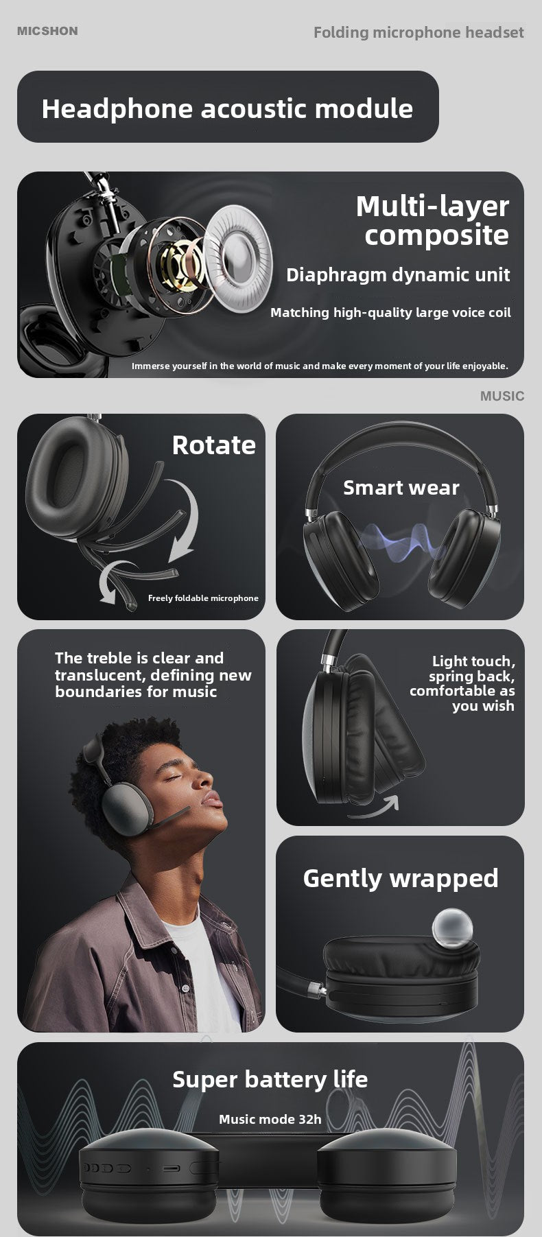 New Wireless Bluetooth Headset Head-mounted Music E-sports Game Long Battery Life Head-mounted Telephone Bluetooth5.4