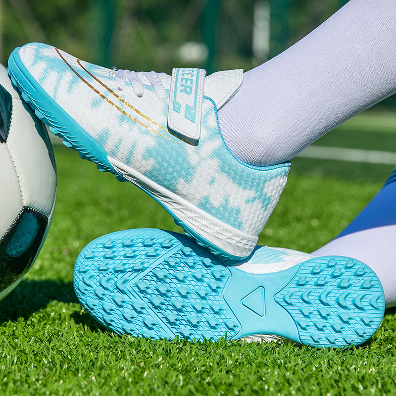 New Football Shoes for Men and Women, Children's Low-top Anti-collision Spike Magic Tape No-tie Grass Training Sports Shoes