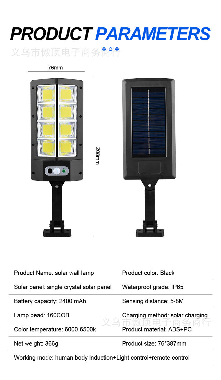 Solar outdoor garden light with human body sensor wall light for home use, waterproof outdoor lighting COB Street Lamp Landscape lamp