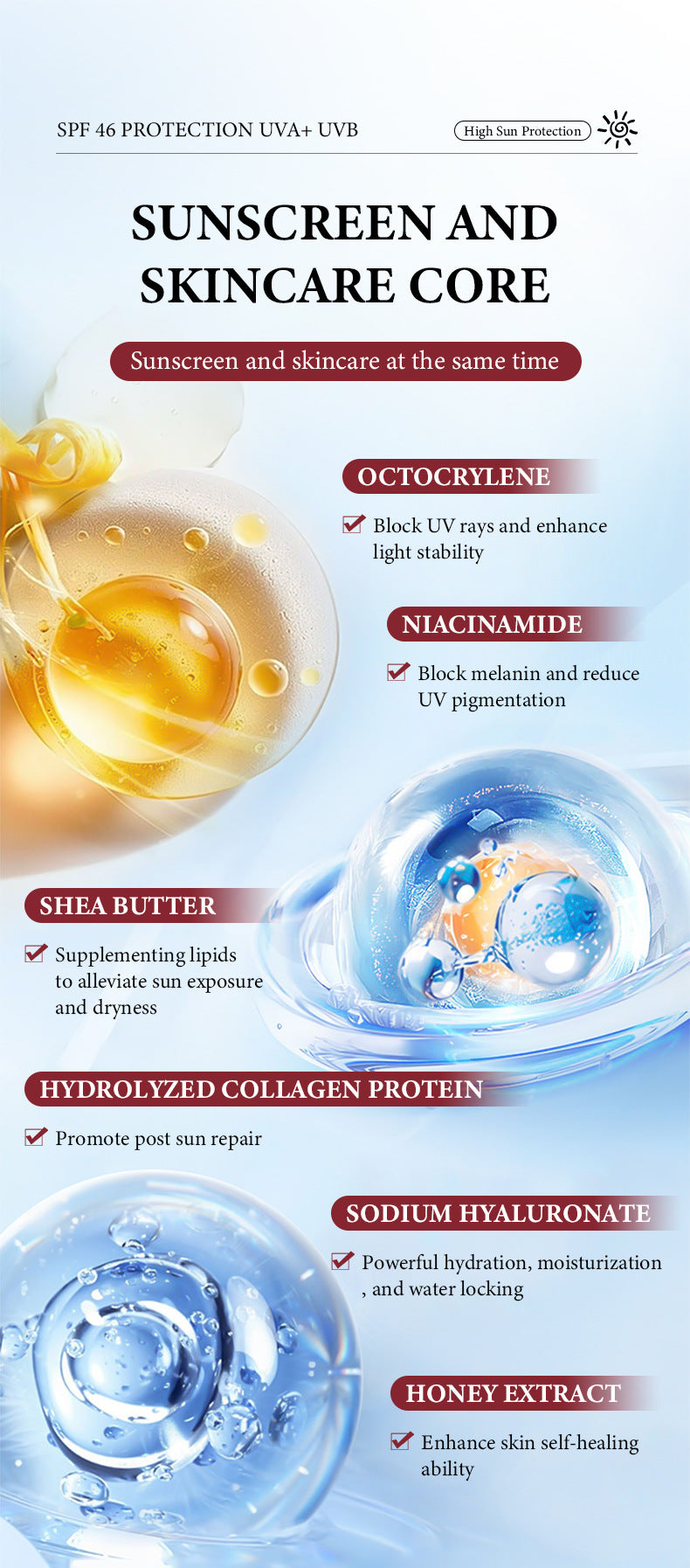 High SPF Sunscreen Lotion Transparent Moisturizing Non-Greasy UV Protection Sunscreen Brightening Isolation Manufacturer Wholesale