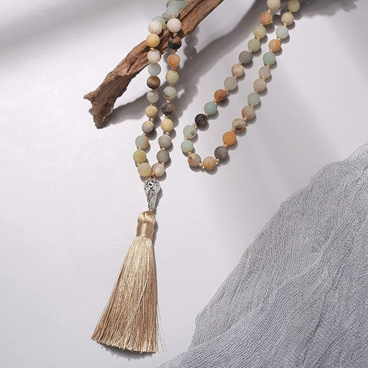 Hot Sale108Natural Stone Beaded Necklace Mala Beads Tassel Handmade Stone Sweater Chain