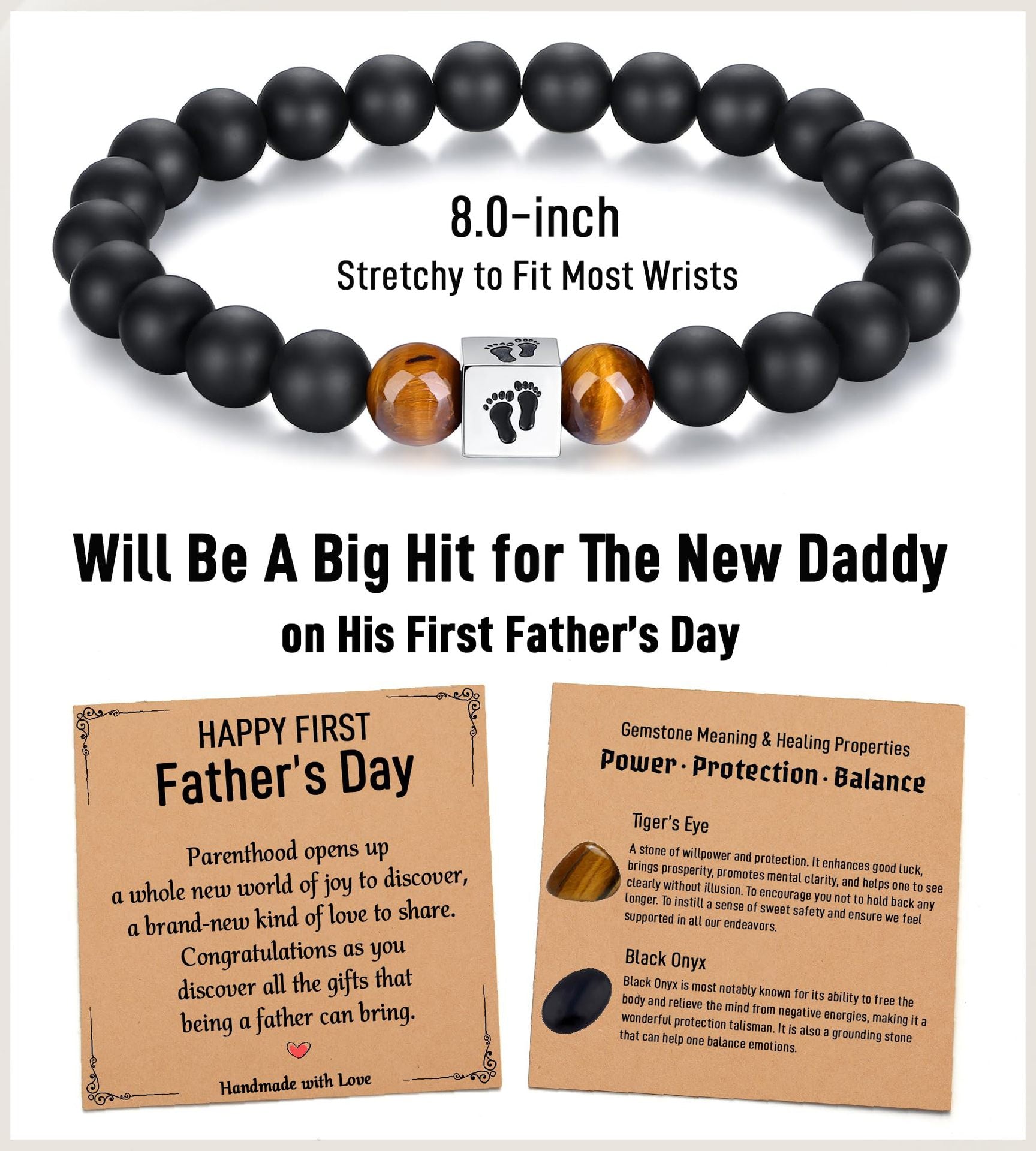 Men's Holiday Gift Bracelet Tiger Eye Stone Bracelet Stainless Steel Foot Sole Father's Day Gift Black Matte Bracelet