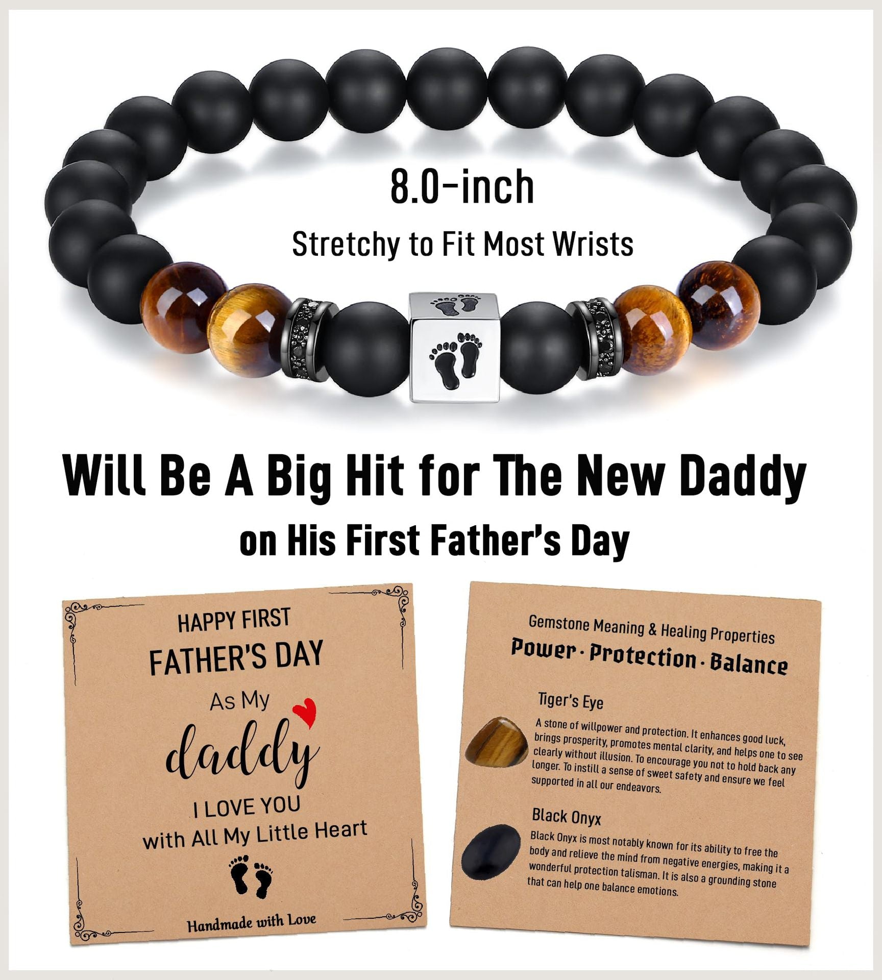 Men's Holiday Gift Bracelet Tiger Eye Stone Bracelet Stainless Steel Foot Sole Father's Day Gift Black Matte Bracelet
